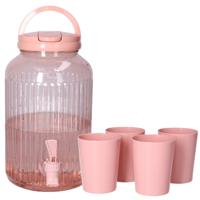 Drank dispenser/limonadetap - met tapkraantje - 3750 ml - roze - incl 4 bekers - H27 x D14 cm