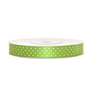 1x Appel groen satijnlint met witte stippen rollen 1,2 cm x 25 meter cadeaulint verpakkingsmateriaal - Cadeaulinten
