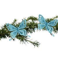 2x stuks kerstboom decoratie vlinders op clip glitter blauw 14 cm - thumbnail