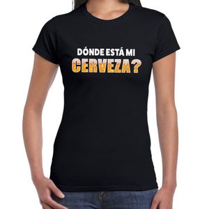 Donde esta mi cerveza bier/drank fun t-shirt zwart voor dames