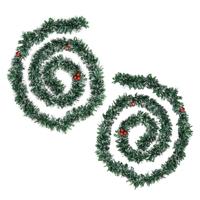 Dennenslinger - 2x - met sneeuw en rode besjes - 200 x 7,5 cm - kunststof - dennen guirlande
