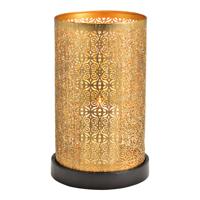 Windlicht op donkerbruin mangohouten sokkel, voet van goudkleurig metaal (B/H/D) 17x27x17 cm