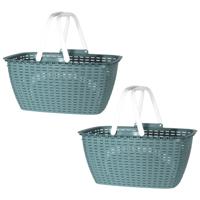 Wasmand met hengsels - 2x stuks - groen/wit - 26 liter - L43 x B30 x H21 cm