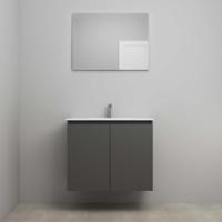 On-Line Badkamermeubelset - 80 cm - Bouwpakket - Greeploos 2 Deuren - Porseleinen Wastafel - 1 Kraangat - Spiegel - Mat Antraciet