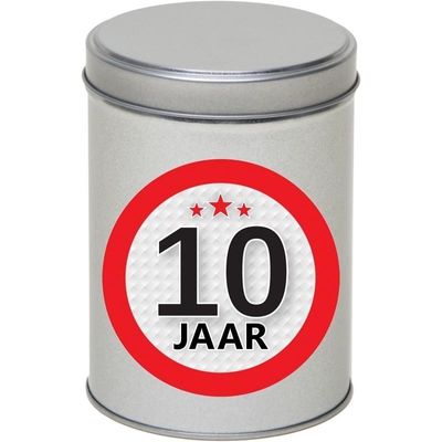 Cadeau/kado zilver rond blik 10 jaar 13 cm