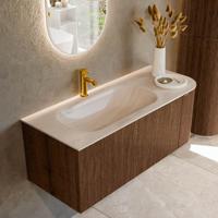 Badmeubel Mondiaz Kurve-Dlux | 115 cm | Meubelkleur Walnut | Wastafelkleur Meli | Solid surface | Wasbak linker zijde spoelbak | 1 kraangat