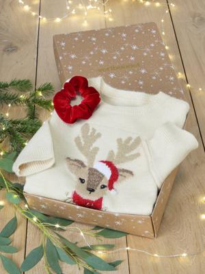 Kerstcadeauverpakking "Renne" jacquard trui + 2 scrunchies voor meisjes ecru