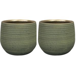 2x stuks plantenpot/bloempot keramiek donkergroen stripes relief - D15/H13 cm