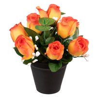 Kunstbloemen klein boeketje rozen in pot - oranje - H25 cm - Bloemstuk - Bladgroen   -