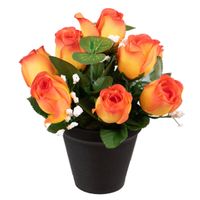 Kunstbloemen klein boeketje rozen in pot - oranje - H25 cm - Bloemstuk - Bladgroen - thumbnail