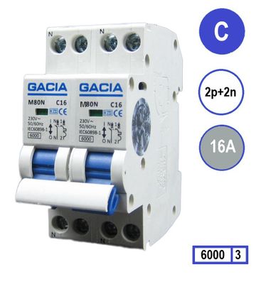Kookgroep 16A GACIA M80N-2P2N-C16 inst. 2p+2n 16A 6kA (36mm) aansluiten kookplaat