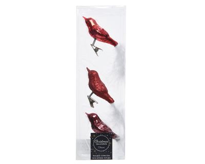 3 Glazen vogels op clip rode mix - Decoris