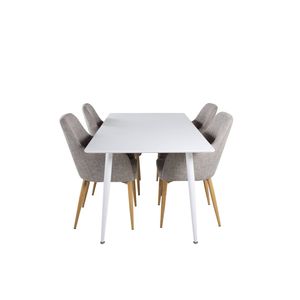 Polar180X90WHWH eethoek eetkamertafel wit en 4 Comfort eetkamerstal lichtgrijs, eik decor.