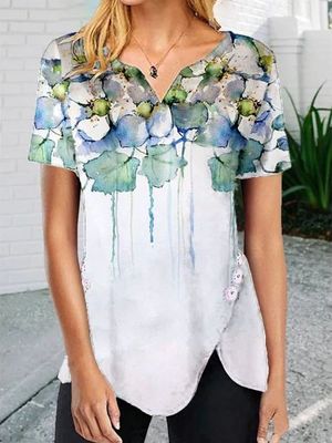 Floral Printed Cotton-Blend Casual Tunic T-shirt