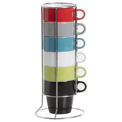 Koffiemokken Colorama - 6x stuks in metalen rekje - Keramiek - glans afwerking - 260 ml - 8 x 9 cm