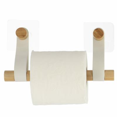 Toiletrolhouder wand/muur - zelfklevend - wit - bamboe/kunstleer - zonder boren