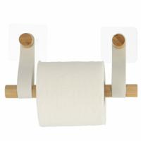 Toiletrolhouder wand/muur - zelfklevend - wit - bamboe/kunstleer - zonder boren
