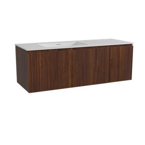 Storke Ribs zwevend badmeubel 140 x 52 cm notenhout met Mata asymmetrisch linkse wastafel in solid surface mat wit, Verticale symmetrische rechte ribbel