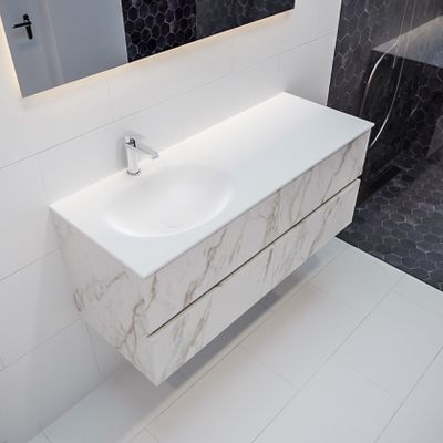 Mondiaz Vica Moon badmeubel wit carrara mat 120 cm 4 lades solid surface enkele spoelbak links 1 kraangat