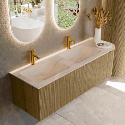 Badmeubel Mondiaz Kurve-Dlux | 145 cm | Meubelkleur Dusk | Wastafelkleur Meli | Solid surface | Dubbel / Links spoelbak | 2 kraangaten