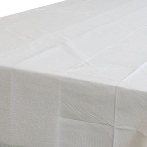 Wit tafelkleed 274 x 137 cm met witte tafelloper met glitters voor de kersttafel