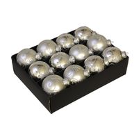 12x Glazen gedecoreerde zilveren kerstballen 7,5 cm   -