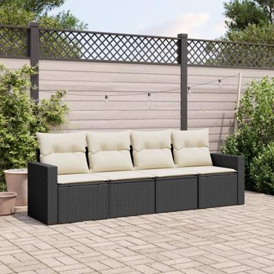 4-delige Loungeset met kussens poly rattan zwart