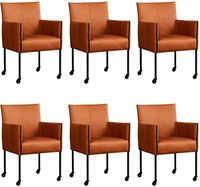 Set van 6 Cognac leren moderne kuipstoel More - poot rond zwart met wiel - Rancho Leer Cognac (cognac leer)