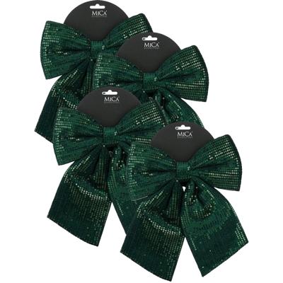 Kerst strik ornament - 4x - groen - 24 x 28 cm - polyester pailletten - kerststrik - kerstversiering