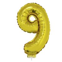 Gouden opblaas cijfer ballon - 9 jaar - op stokje - H41 cm - Leeftijd versiering