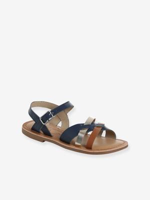 Sandalen met fantasiebandjes van leer voor kinderen, kleuterschoolcollectie VERTBAUDET veel blauw