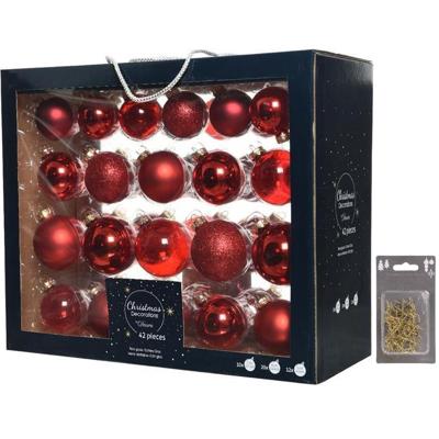 Decoris Kerstversiering set - 42 kerstballen - rood - glas - 5-7 cm - met gouden kerstbalhaakjes