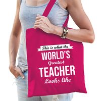 Worlds greatest TEACHER kado tasje voor verjaardag juf roze voor dames   -