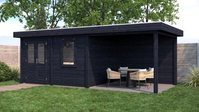 Lugarde Select Modern tuinhuis met overkapping Emmen 388x300cm + 300cm - Zwarte olie- Plat dak- - Lugarde Select