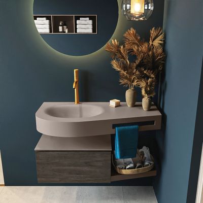 MONDIAZ RIVA 100cm badmeubel onderkast / planchet kleur Dark_Brown met 1 lade. Wastafel DULCET links 1 kraangat kleur Smoke.