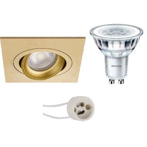 LED Spot Set - Pragmi Borny Pro - GU10 Fitting - Inbouw Vierkant - Mat Goud - Kantelbaar - 92mm - Philips - CorePro 830 36D - 3W - Warm Wit 3000K - Dimbaar