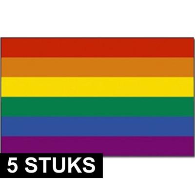 Regenboog kleuren vlag - 5x - 90 x 150 cm - polyester - met ringen