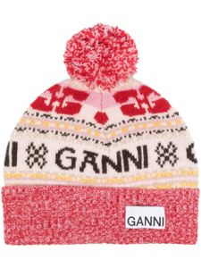 GANNI bonnet en maille intarsia à patch logo - Rose