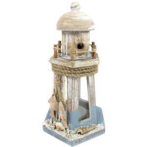 Maritieme decoratie beeldje Vuurtoren theelichthouder - Hout - 21 cm - blauw/wit   -