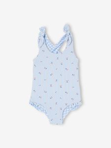 Omkeerbaar badpak babymeisje/streepjes en bloemen hemelsblauw