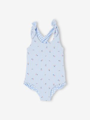 Omkeerbaar badpak babymeisje/streepjes en bloemen hemelsblauw