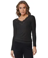 Pastunette wollen/modal kanten dames shirt lange mouw - Kanten dames ondershirt met diepe hals