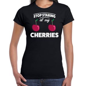 Stop staring at my cherries boobs t-shirt zwart dames