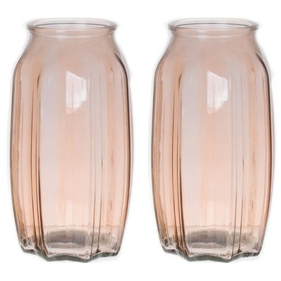 Bloemenvaas - 2x - taupe/bruin - transparant glas - D12 x H22 cm