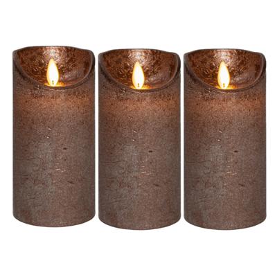 Led kaars/stompkaars - 3x - brons - H15 x D7,5 cm - wax - warm wit licht - bewegende vlam