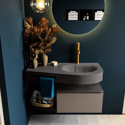MONDIAZ RIVA 100cm badmeubel onderkast / planchet kleur Smoke met 1 lade. Wastafel DULCET rechts 1 kraangat kleur Dark_Grey. MONDIAZ RIVA 100cm badmeubel onderkast / planchet kleur Smoke met 1 lade. Wastafel DULCET rechts 1 kraangat kleur Dark_Grey.