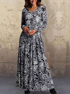 Casual and simple floral print round neck long sleeve polyester maxi dress