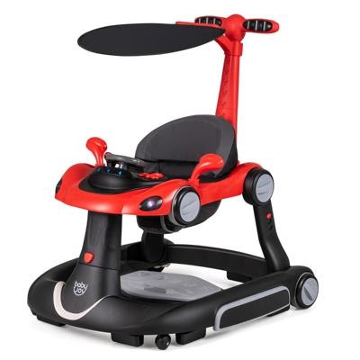 7-in-1 Loopstoeltje met Kap Loopwagen met Instelbare Hoogte en Snelheid Opvouwbare Babywalker met Speelbord Muziek Licht en Wielen Loopstoeltje voor Baby's vanaf 6 Maanden-Rood en zwart