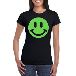 Verkleed T-shirt voor dames - smiley - zwart - carnaval/foute party - feestkleding