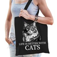 Cadeau tas voor kattenliefhebbers - zwart - Siberische Boskat kat/poes - katoen - 42 x 38 cm